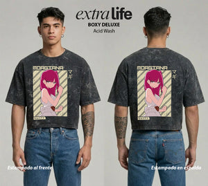 Playera streetwear premium de anime y gaming ExtraLife MX, corte boxy deluxe mineral wash heavyweight en color Acid Wash, moda urbana mexicana de culto.