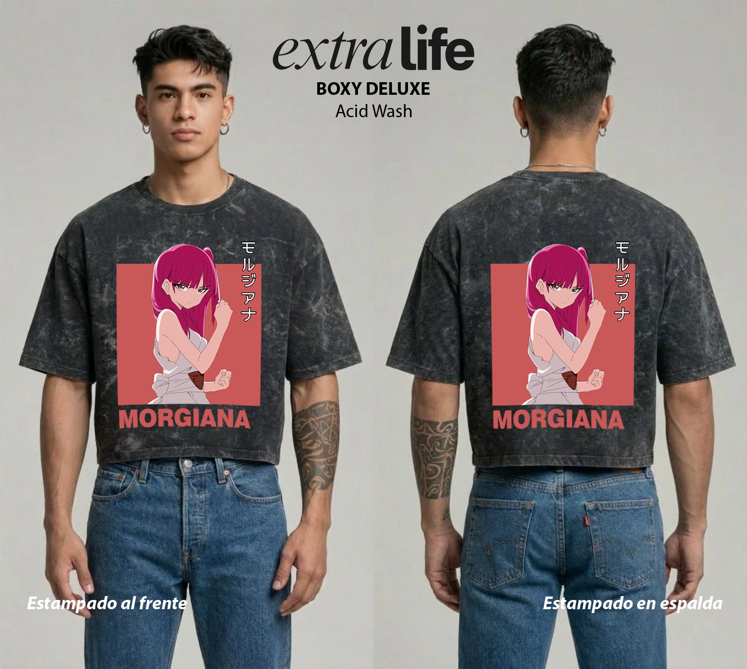 Playera streetwear premium de anime y gaming ExtraLife MX, corte boxy deluxe mineral wash heavyweight en color Acid Wash, moda urbana mexicana de culto.