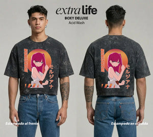 Playera streetwear premium de anime y gaming ExtraLife MX, corte boxy deluxe mineral wash heavyweight en color Acid Wash, moda urbana mexicana de culto.