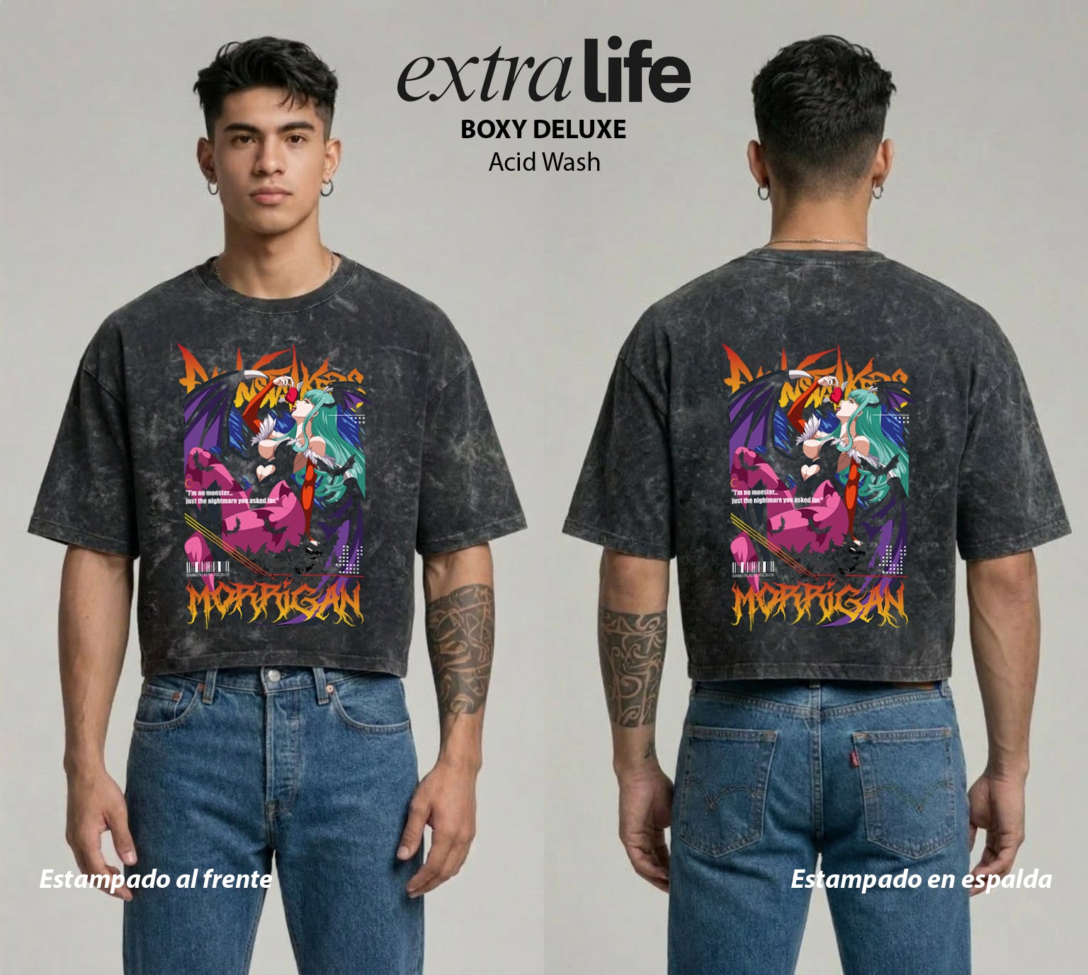 Playera streetwear premium de anime y gaming ExtraLife MX, corte boxy deluxe mineral wash heavyweight en color Acid Wash, moda urbana mexicana de culto.