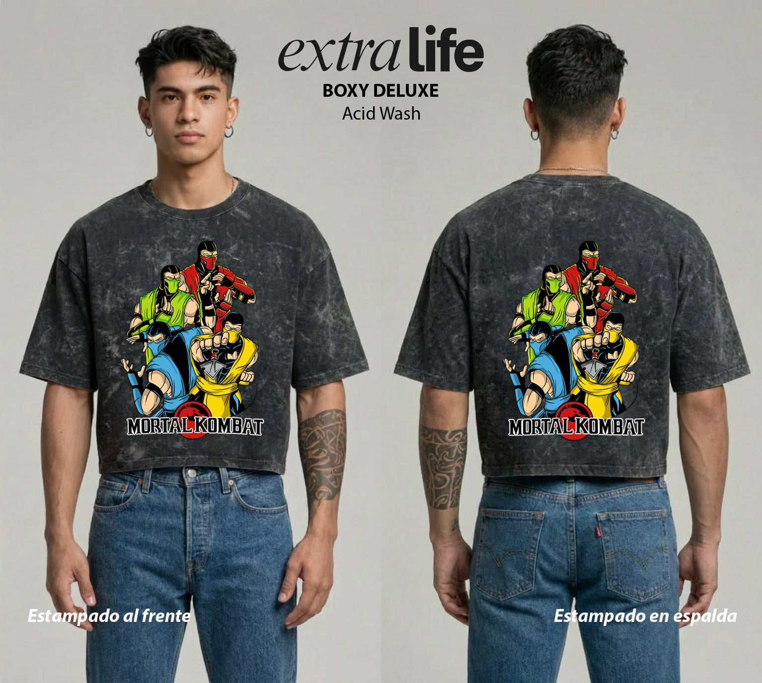 Playera streetwear premium de anime y gaming ExtraLife MX, corte boxy deluxe mineral wash heavyweight en color Acid Wash, moda urbana mexicana de culto.