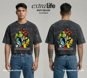 Playera streetwear premium de anime y gaming ExtraLife MX, corte boxy deluxe mineral wash heavyweight en color Acid Wash, moda urbana mexicana de culto.