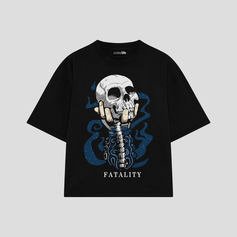 Playera streetwear premium de anime y gaming ExtraLife MX, corte boxy oversized drop shoulder heavyweight en color Deep Black y Off-White, moda urbana mexicana de culto.