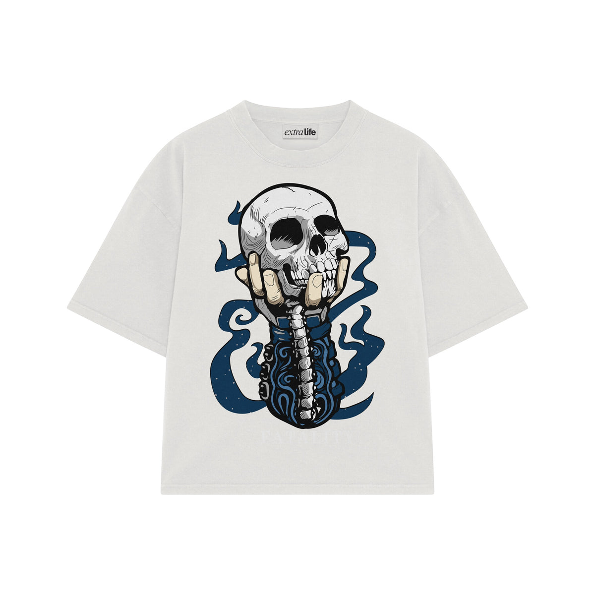 Playera streetwear premium de anime y gaming ExtraLife MX, corte oversized drop shoulder ligero y fresco en color Deep Black y Off-White, moda urbana mexicana de culto.