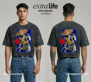 Playera streetwear premium de anime y gaming ExtraLife MX, corte boxy deluxe mineral wash heavyweight en color Acid Wash, moda urbana mexicana de culto.