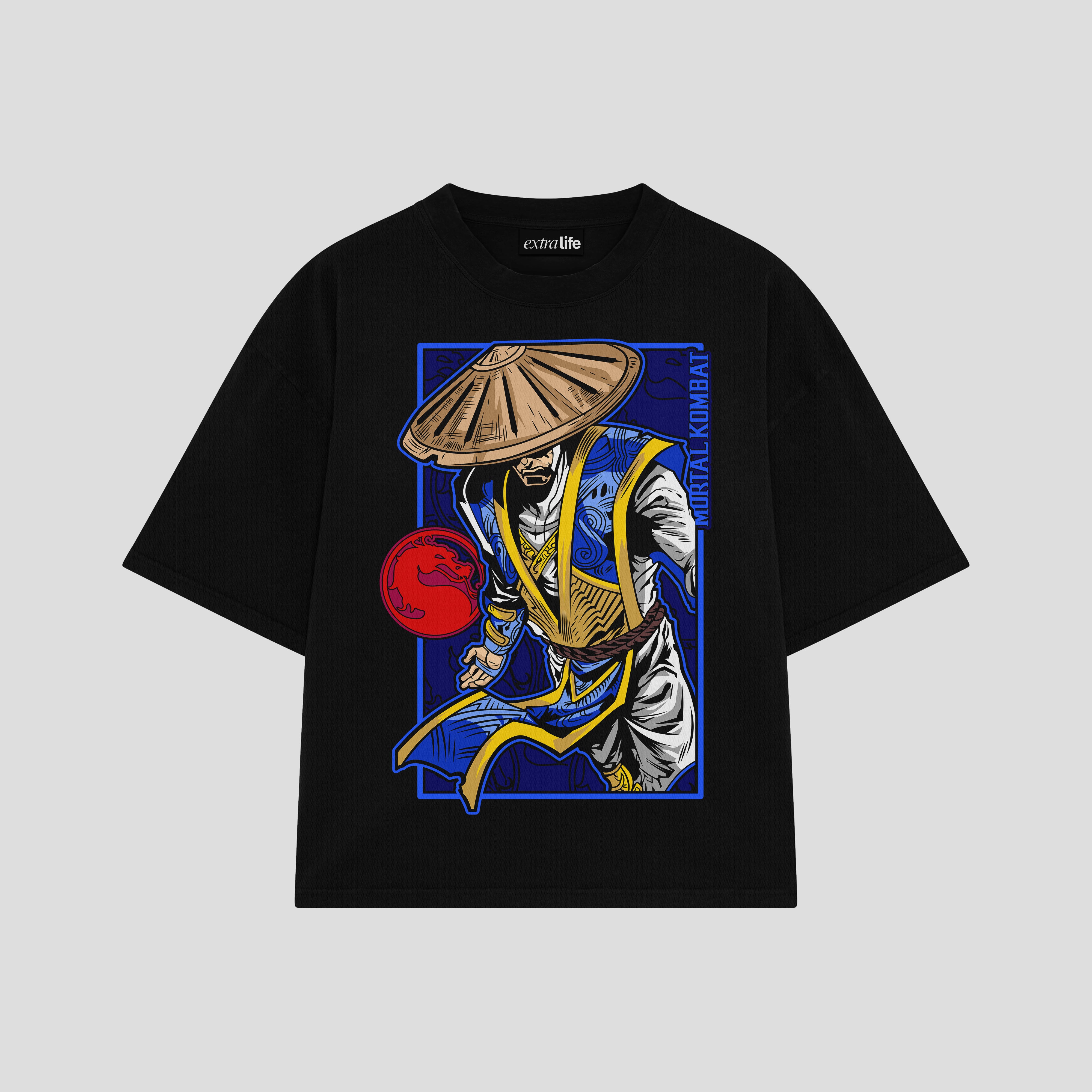 Playera streetwear premium de anime y gaming ExtraLife MX, corte boxy oversized drop shoulder heavyweight en color Deep Black y Off-White, moda urbana mexicana de culto.