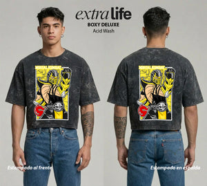 Playera streetwear premium de anime y gaming ExtraLife MX, corte boxy deluxe mineral wash heavyweight en color Acid Wash, moda urbana mexicana de culto.