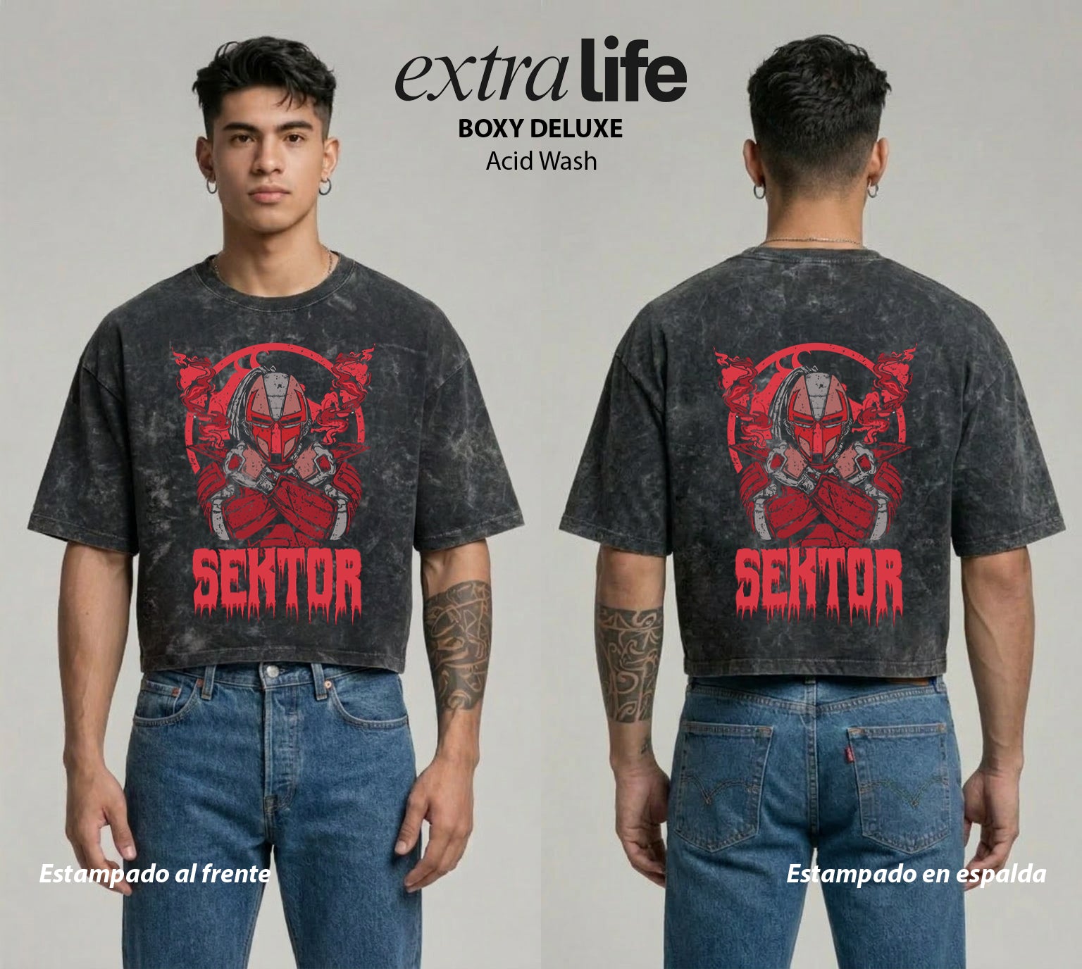 Playera streetwear premium de anime y gaming ExtraLife MX, corte boxy deluxe mineral wash heavyweight en color Acid Wash, moda urbana mexicana de culto.