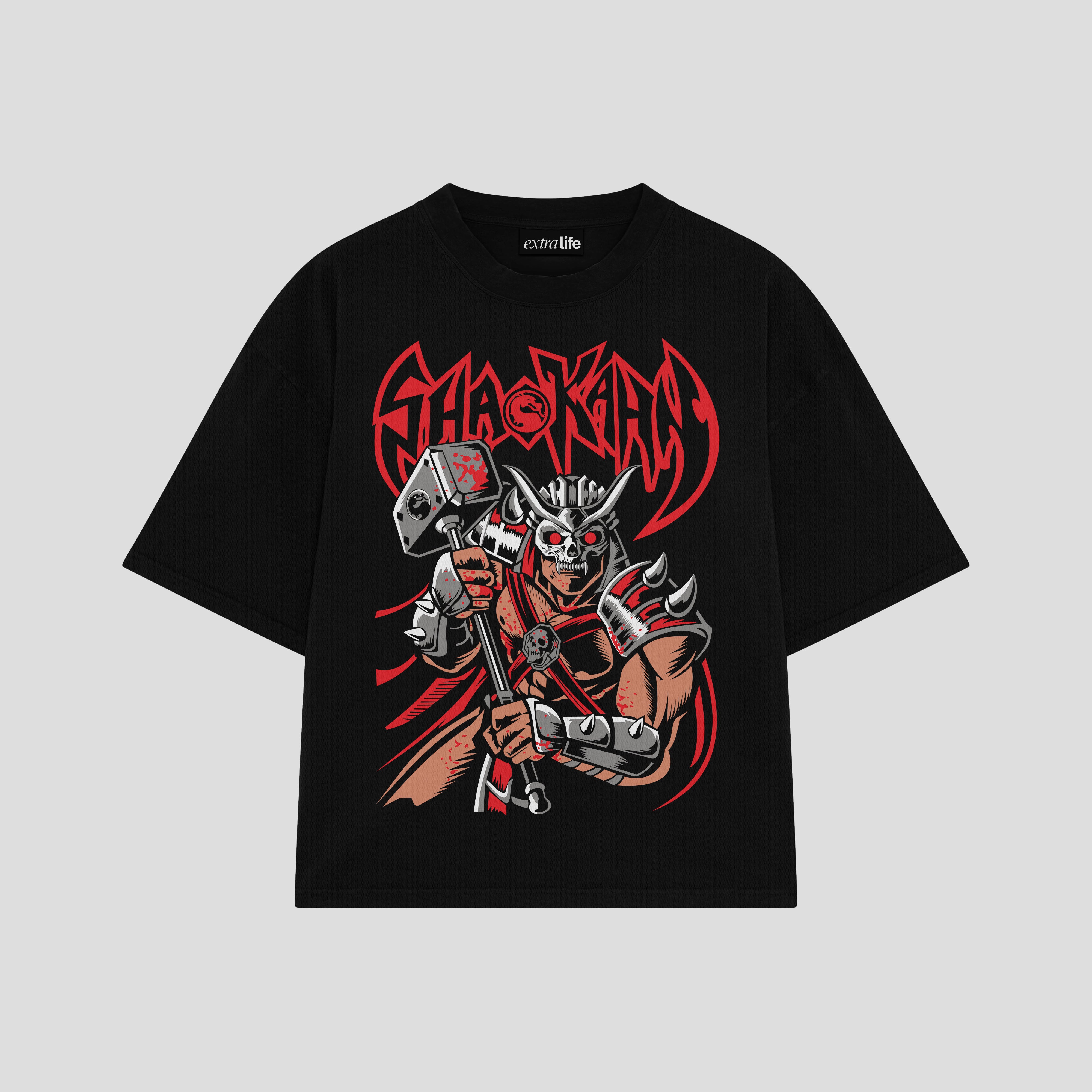 Playera streetwear premium de anime y gaming ExtraLife MX, corte boxy oversized drop shoulder heavyweight en color Deep Black y Off-White, moda urbana mexicana de culto.