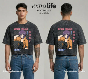 Playera streetwear premium de anime y gaming ExtraLife MX, corte boxy deluxe mineral wash heavyweight en color Acid Wash, moda urbana mexicana de culto.
