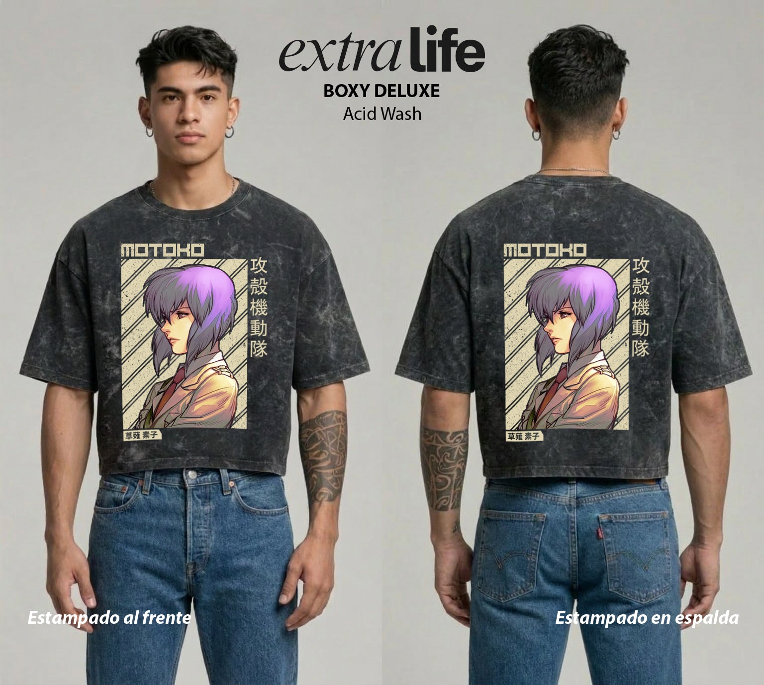 Playera streetwear premium de anime y gaming ExtraLife MX, corte boxy deluxe mineral wash heavyweight en color Acid Wash, moda urbana mexicana de culto.
