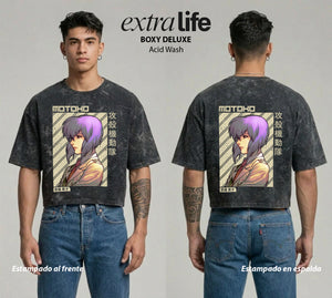 Playera streetwear premium de anime y gaming ExtraLife MX, corte boxy deluxe mineral wash heavyweight en color Acid Wash, moda urbana mexicana de culto.