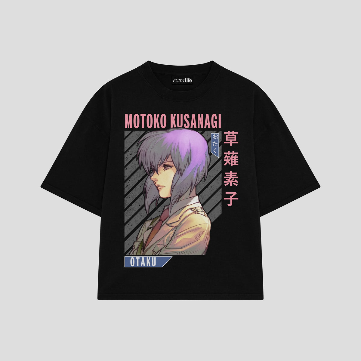 Playera streetwear premium de anime y gaming ExtraLife MX, corte oversized drop shoulder ligero y fresco en color Deep Black y Off-White, moda urbana mexicana de culto.