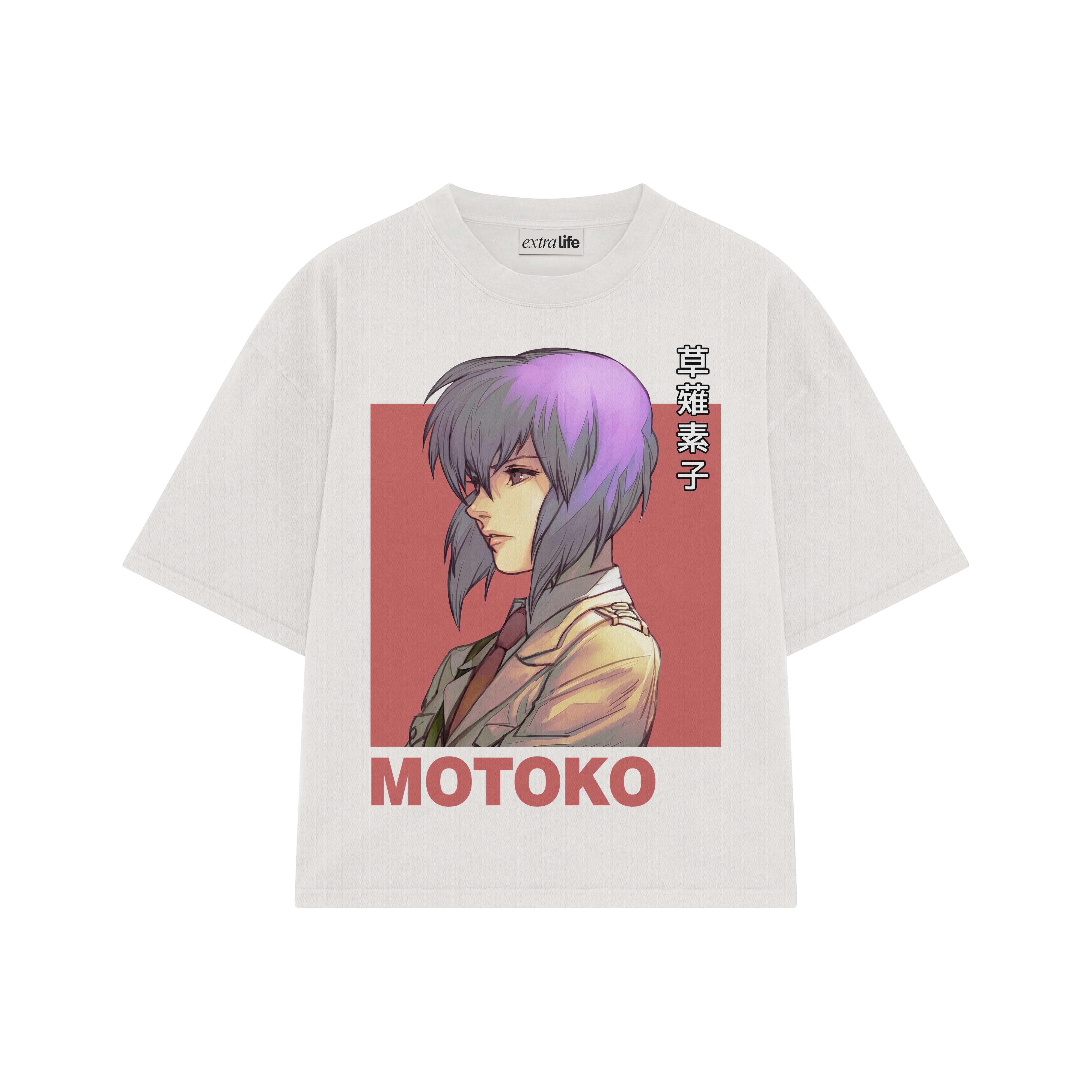 Playera streetwear premium de anime y gaming ExtraLife MX, corte boxy oversized drop shoulder heavyweight en color Deep Black y Off-White, moda urbana mexicana de culto.