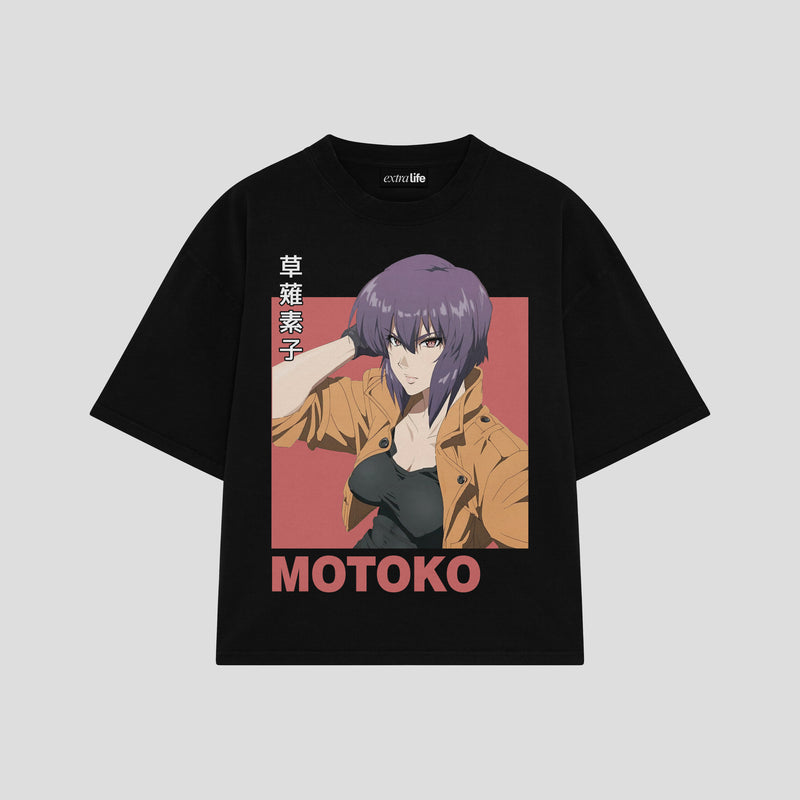 Playera streetwear premium de anime y gaming ExtraLife MX, corte boxy oversized drop shoulder heavyweight en color Deep Black y Off-White, moda urbana mexicana de culto.