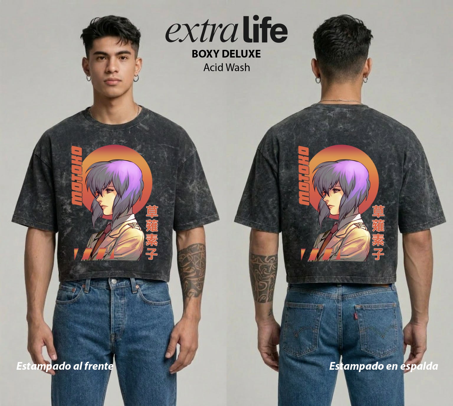 Playera streetwear premium de anime y gaming ExtraLife MX, corte boxy deluxe mineral wash heavyweight en color Acid Wash, moda urbana mexicana de culto.