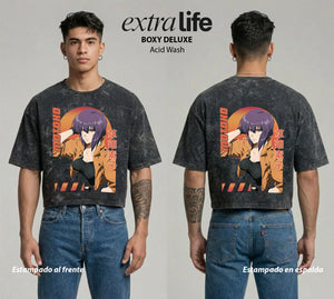 Playera streetwear premium de anime y gaming ExtraLife MX, corte boxy deluxe mineral wash heavyweight en color Acid Wash, moda urbana mexicana de culto.