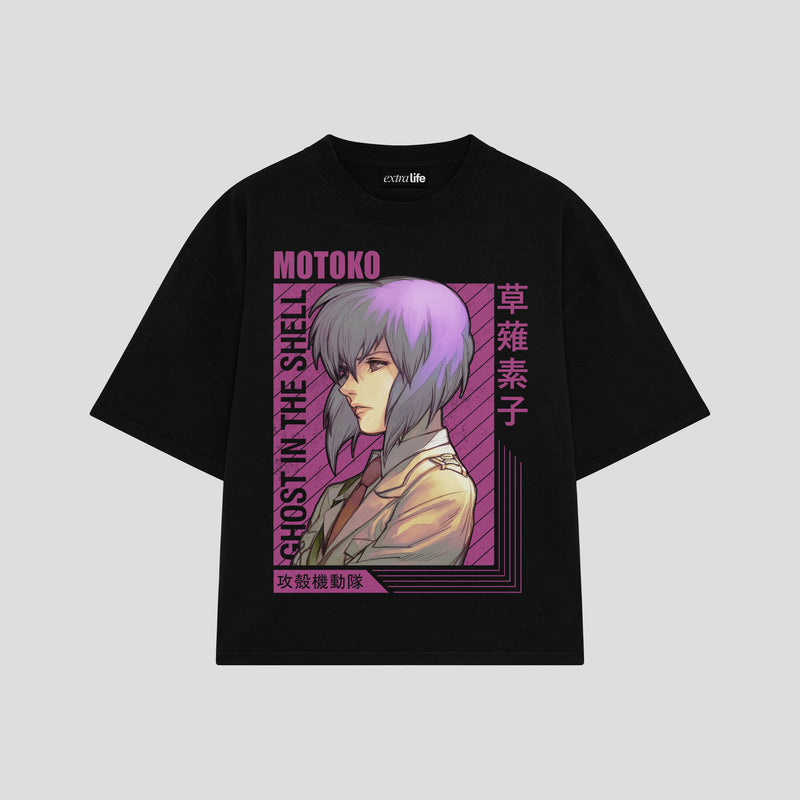 Playera streetwear premium de anime y gaming ExtraLife MX, corte boxy oversized drop shoulder heavyweight en color Deep Black y Off-White, moda urbana mexicana de culto.