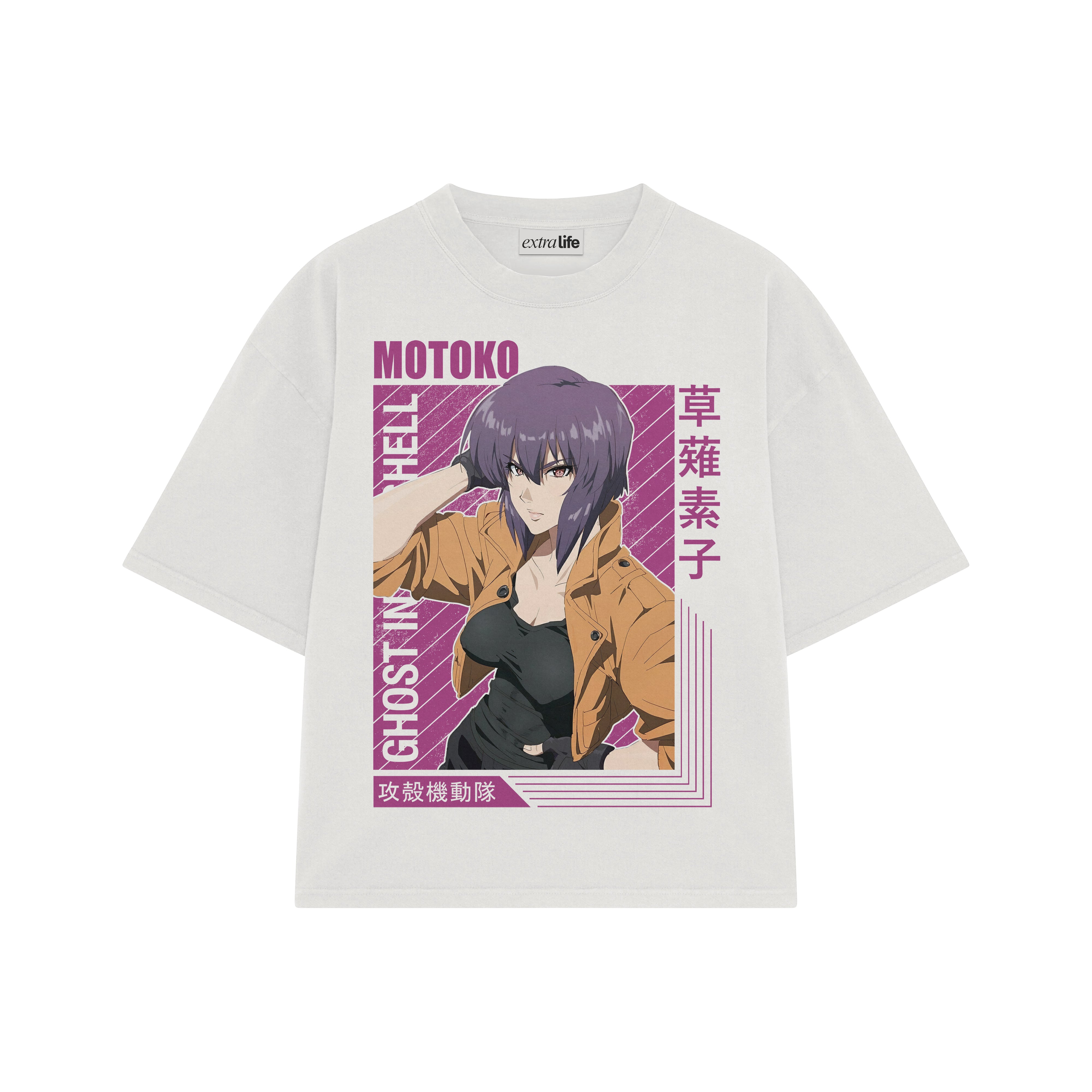 Playera streetwear premium de anime y gaming ExtraLife MX, corte boxy oversized drop shoulder heavyweight en color Deep Black y Off-White, moda urbana mexicana de culto.