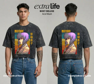 Playera streetwear premium de anime y gaming ExtraLife MX, corte boxy deluxe mineral wash heavyweight en color Acid Wash, moda urbana mexicana de culto.