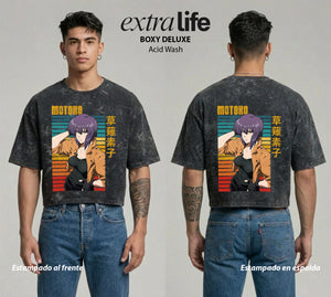 Playera streetwear premium de anime y gaming ExtraLife MX, corte boxy deluxe mineral wash heavyweight en color Acid Wash, moda urbana mexicana de culto.