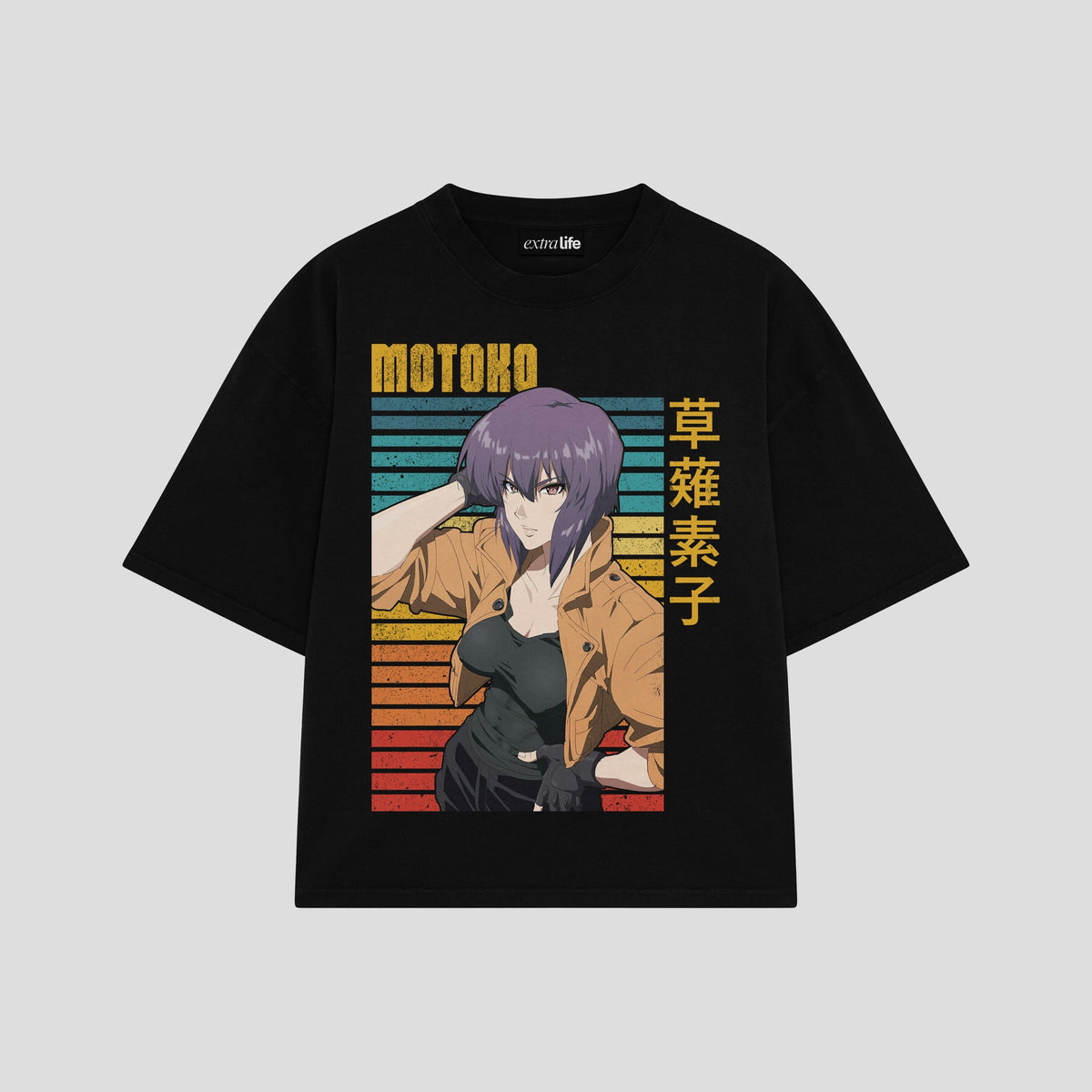 Playera streetwear premium de anime y gaming ExtraLife MX, corte oversized drop shoulder ligero y fresco en color Deep Black y Off-White, moda urbana mexicana de culto.