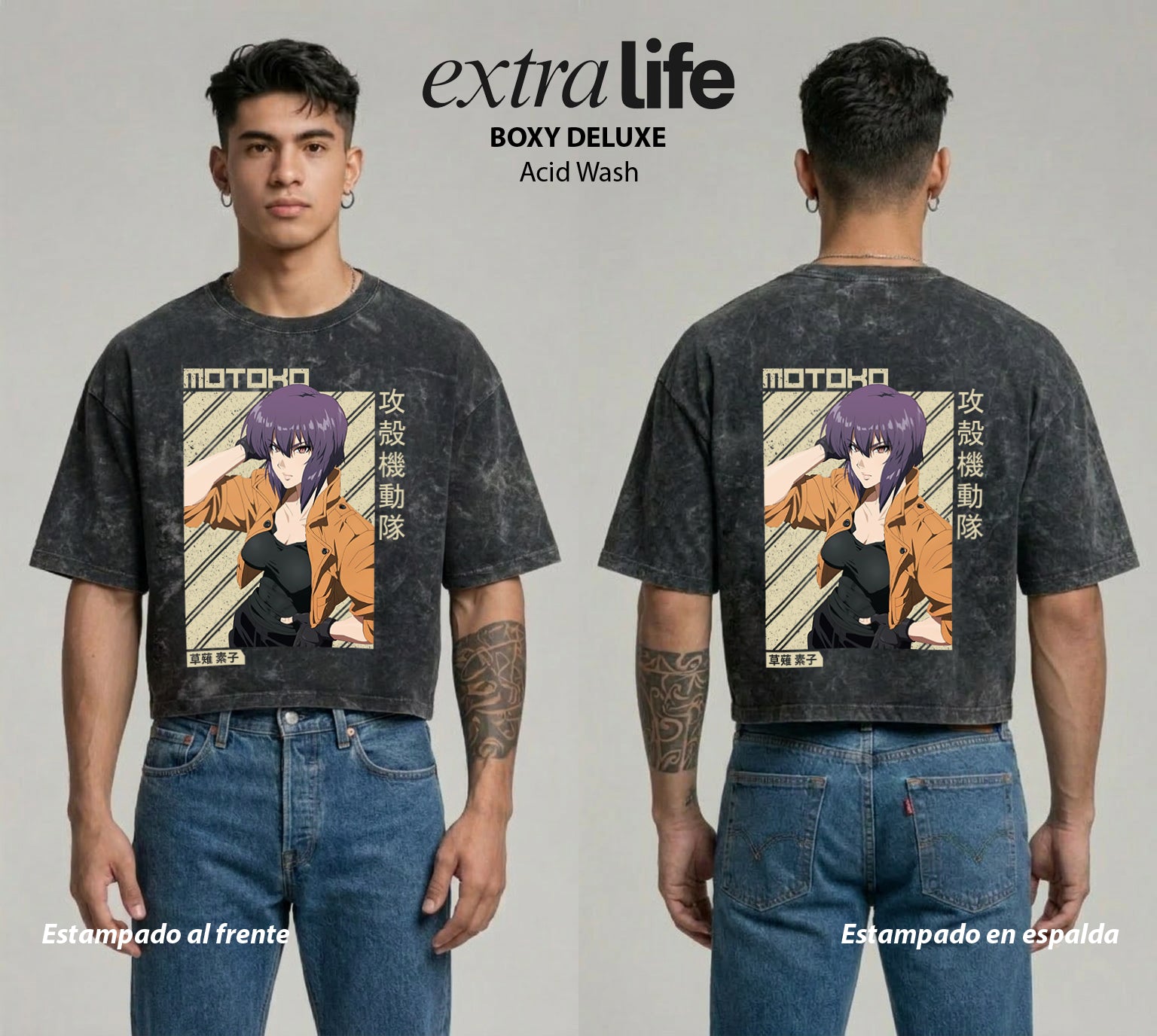 Playera streetwear premium de anime y gaming ExtraLife MX, corte boxy deluxe mineral wash heavyweight en color Acid Wash, moda urbana mexicana de culto.
