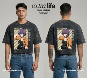 Playera streetwear premium de anime y gaming ExtraLife MX, corte boxy deluxe mineral wash heavyweight en color Acid Wash, moda urbana mexicana de culto.
