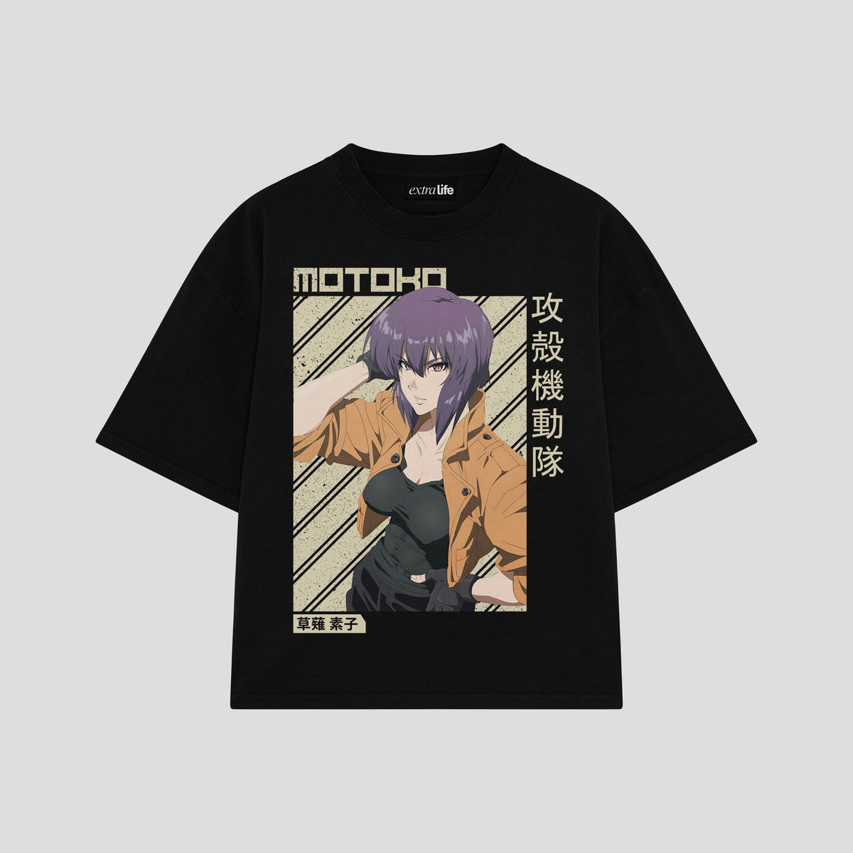 Playera streetwear premium de anime y gaming ExtraLife MX, corte oversized drop shoulder ligero y fresco en color Deep Black y Off-White, moda urbana mexicana de culto.