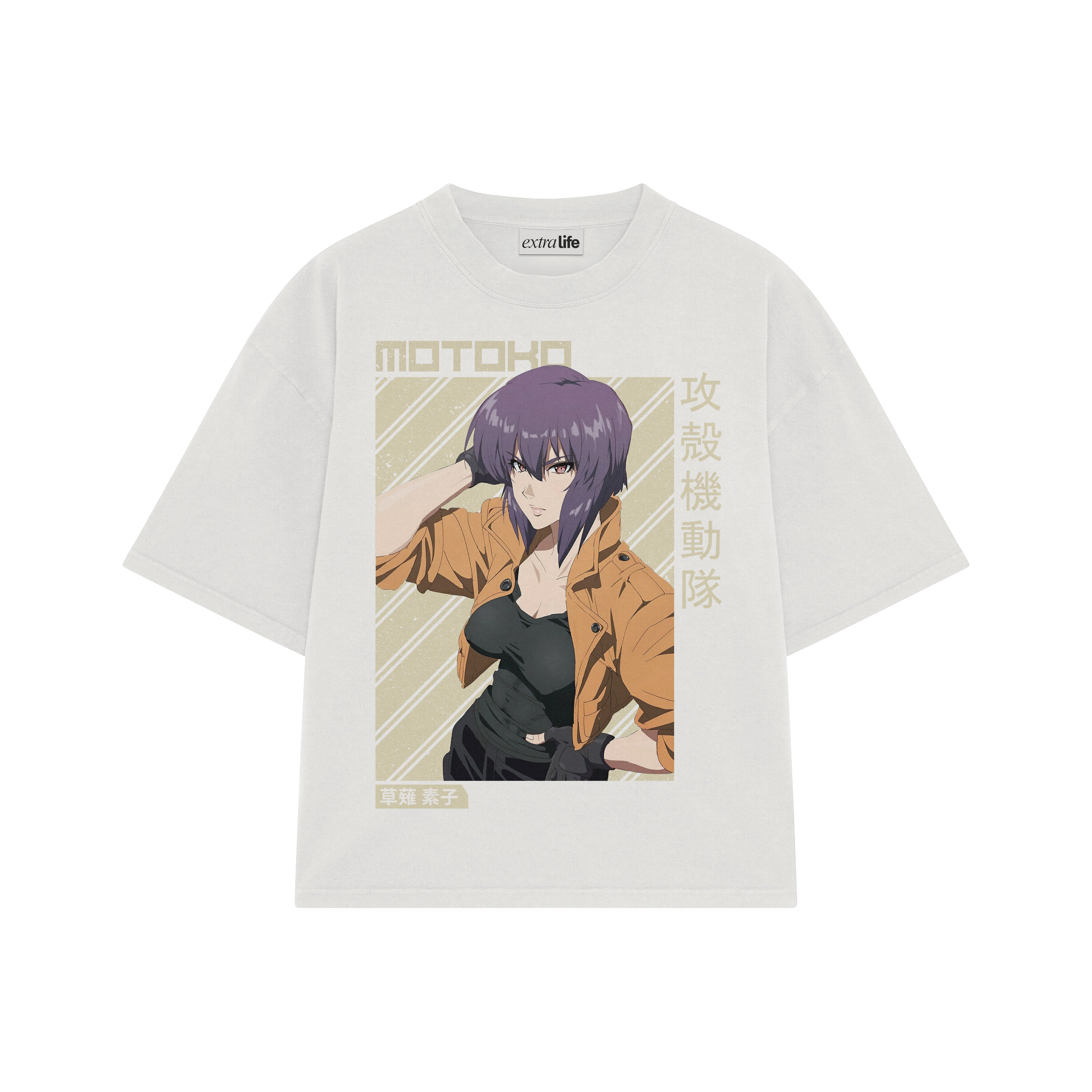 Playera streetwear premium de anime y gaming ExtraLife MX, corte boxy oversized drop shoulder heavyweight en color Deep Black y Off-White, moda urbana mexicana de culto.