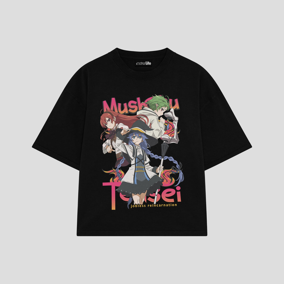 Playera streetwear premium de anime y gaming ExtraLife MX, corte oversized drop shoulder ligero y fresco en color Deep Black y Off-White, moda urbana mexicana de culto.