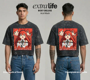 Playera streetwear premium de anime y gaming ExtraLife MX, corte boxy deluxe mineral wash heavyweight en color Acid Wash, moda urbana mexicana de culto.