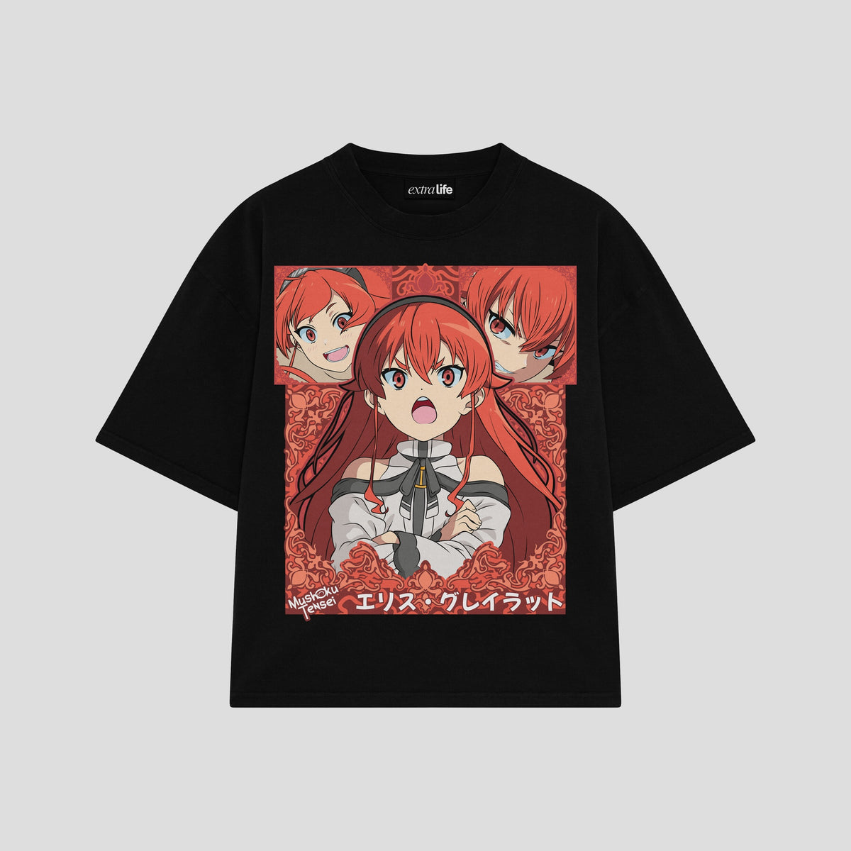 Playera streetwear premium de anime y gaming ExtraLife MX, corte oversized drop shoulder ligero y fresco en color Deep Black y Off-White, moda urbana mexicana de culto.