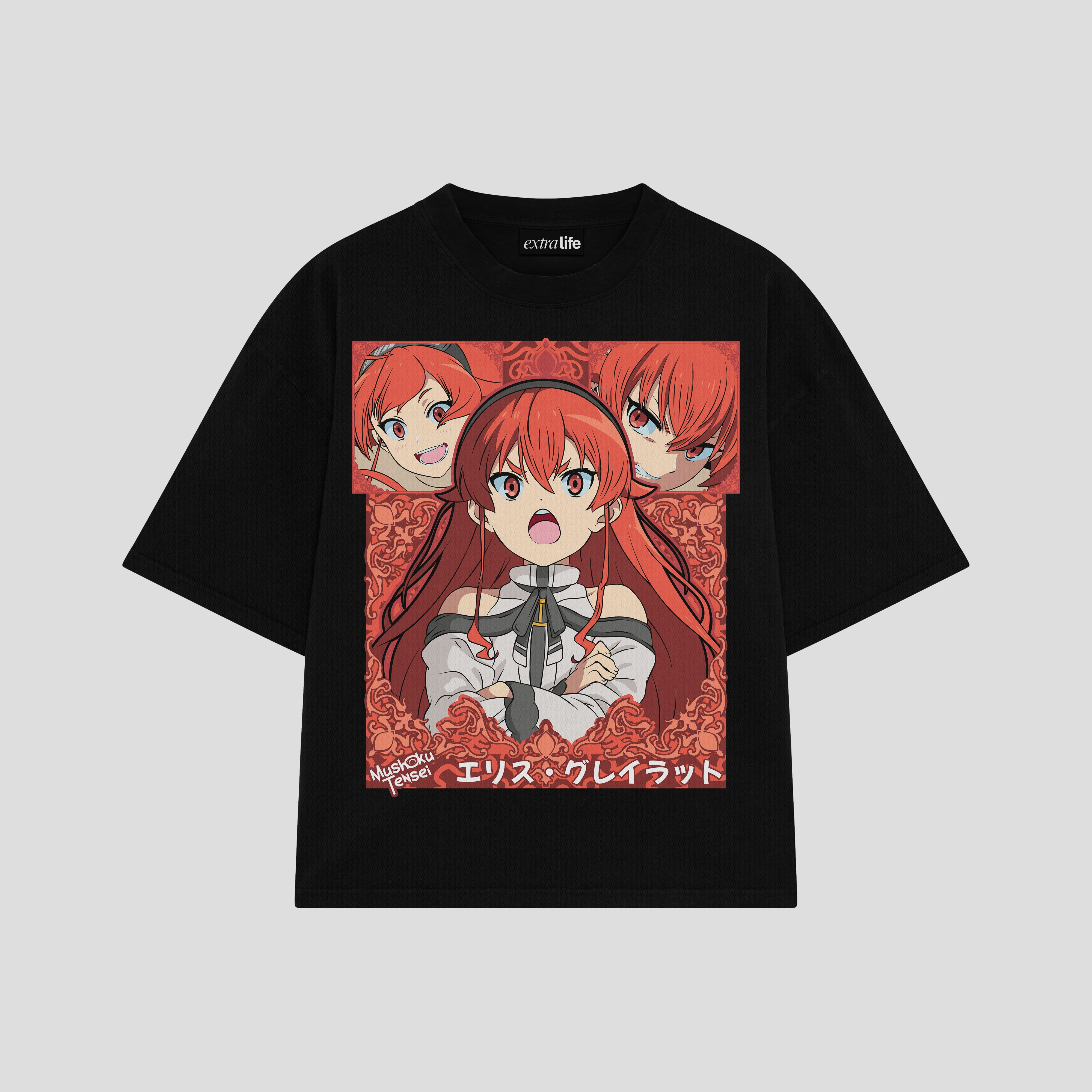 Playera streetwear premium de anime y gaming ExtraLife MX, corte boxy oversized drop shoulder heavyweight en color Deep Black y Off-White, moda urbana mexicana de culto.