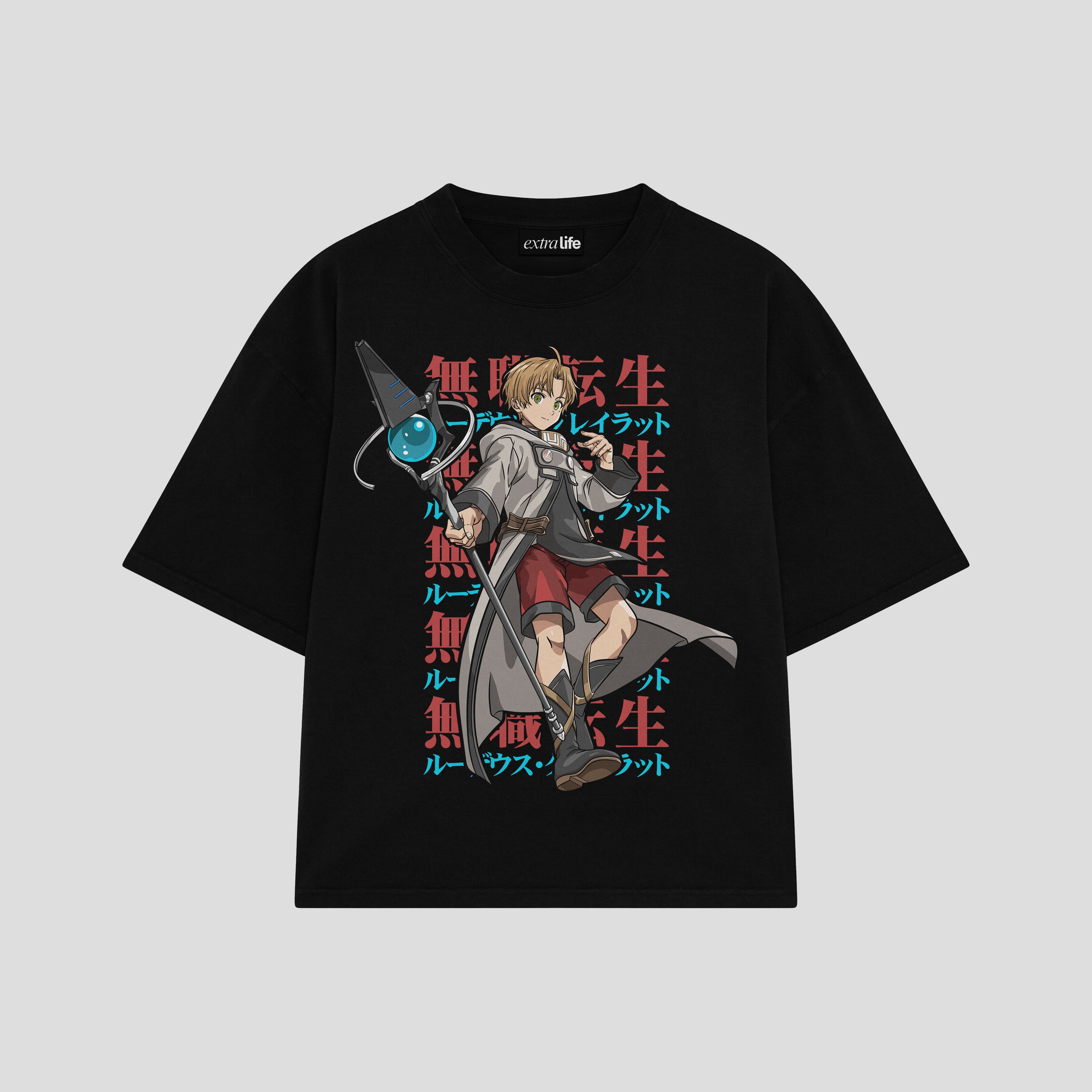 Playera streetwear premium de anime y gaming ExtraLife MX, corte boxy oversized drop shoulder heavyweight en color Deep Black y Off-White, moda urbana mexicana de culto.