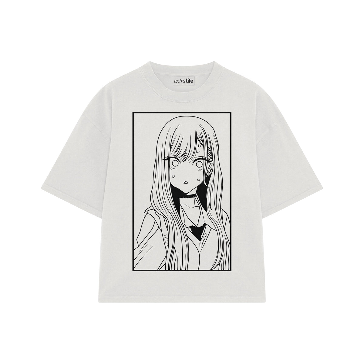 Playera streetwear premium de anime y gaming ExtraLife MX, corte oversized drop shoulder ligero y fresco en color Deep Black y Off-White, moda urbana mexicana de culto.