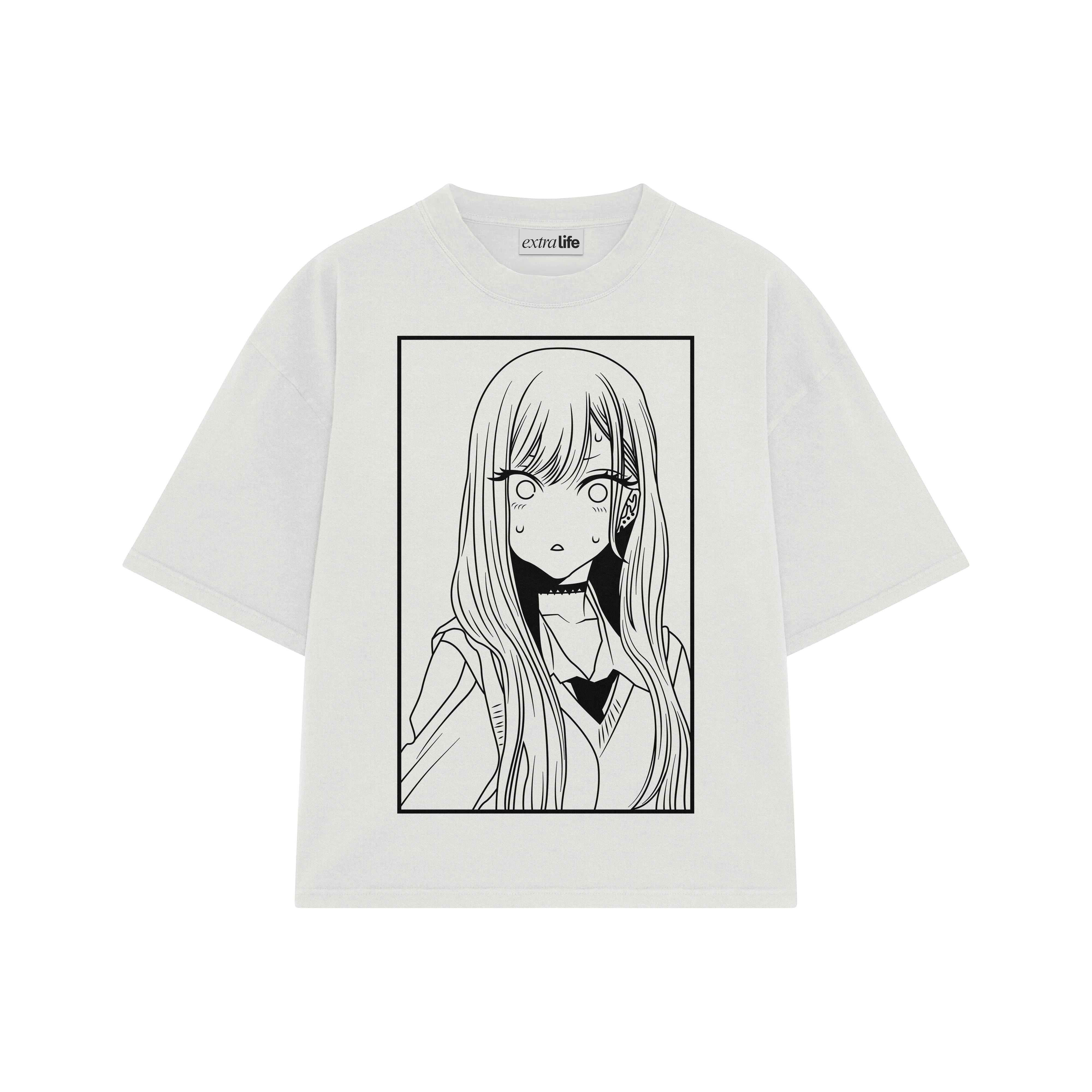 Playera streetwear premium de anime y gaming ExtraLife MX, corte boxy oversized drop shoulder heavyweight en color Deep Black y Off-White, moda urbana mexicana de culto.