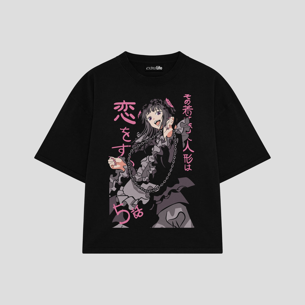 Playera streetwear premium de anime y gaming ExtraLife MX, corte oversized drop shoulder ligero y fresco en color Deep Black y Off-White, moda urbana mexicana de culto.