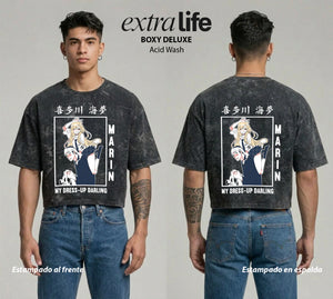 Playera streetwear premium de anime y gaming ExtraLife MX, corte boxy deluxe mineral wash heavyweight en color Acid Wash, moda urbana mexicana de culto.