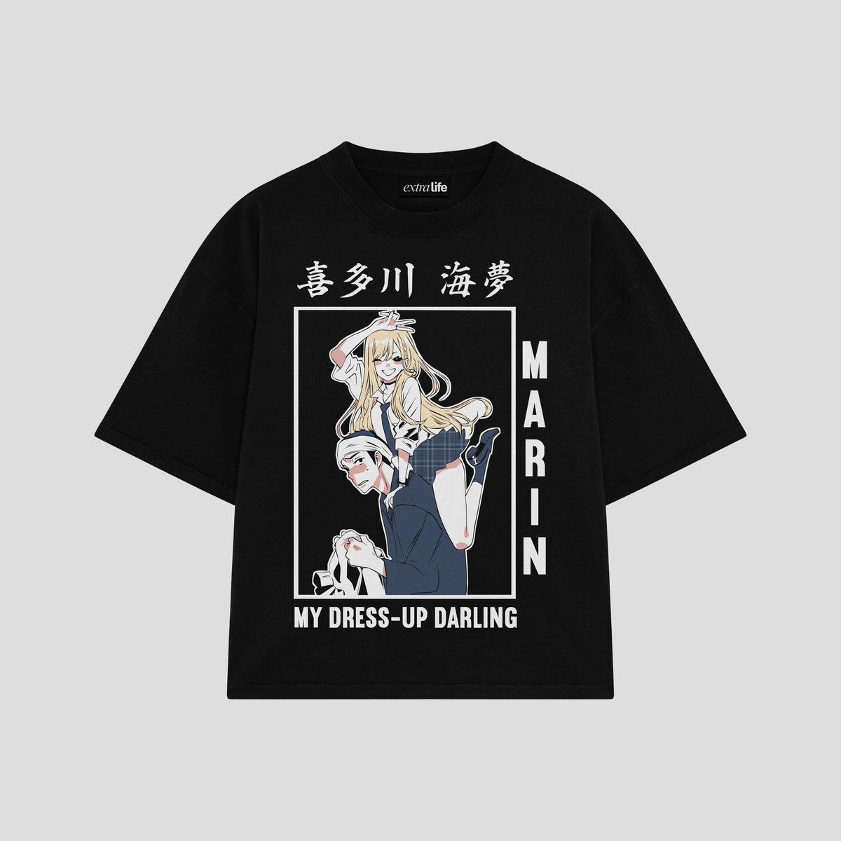 Playera streetwear premium de anime y gaming ExtraLife MX, corte oversized drop shoulder ligero y fresco en color Deep Black y Off-White, moda urbana mexicana de culto.