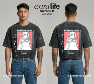 Playera streetwear premium de anime y gaming ExtraLife MX, corte boxy deluxe mineral wash heavyweight en color Acid Wash, moda urbana mexicana de culto.