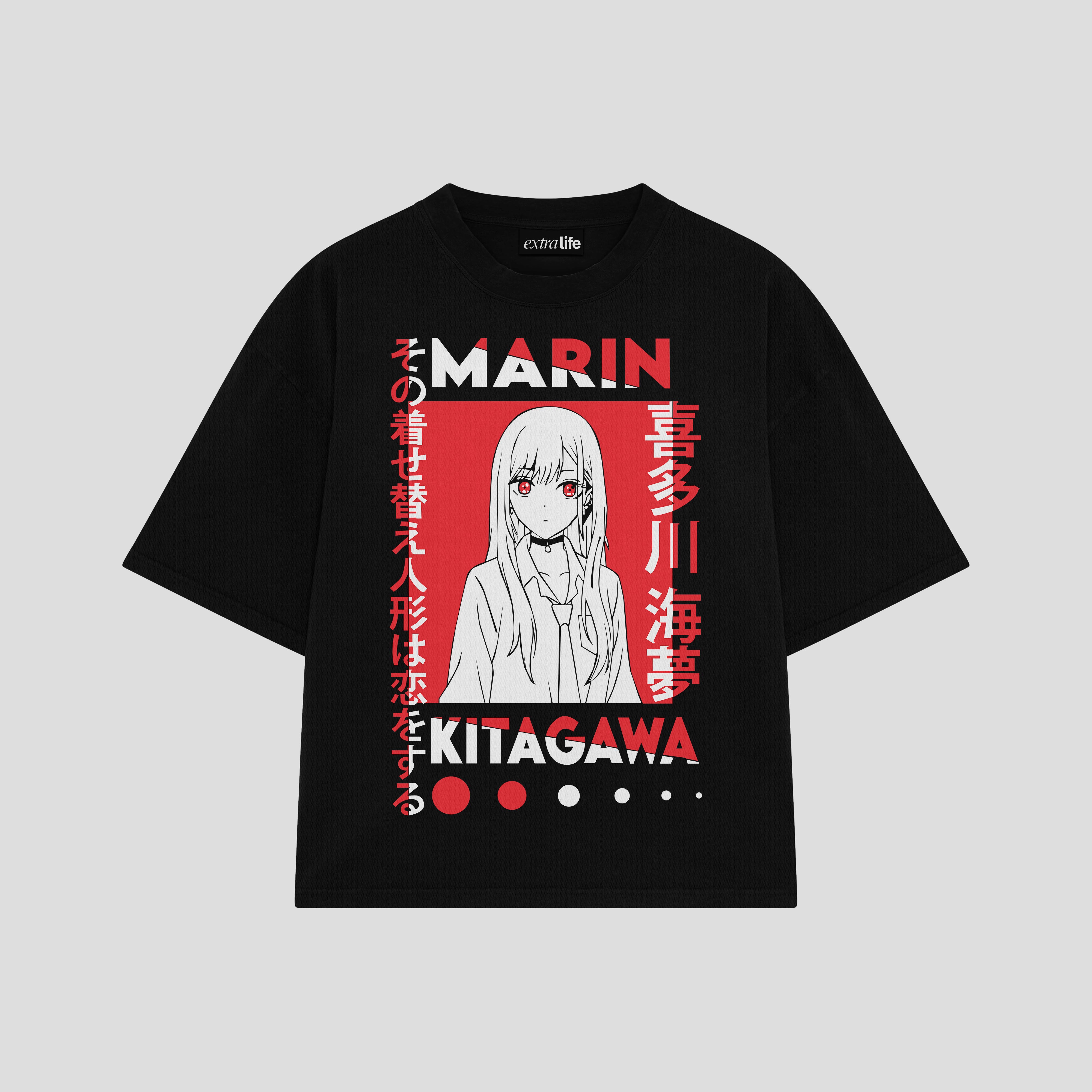 Playera streetwear premium de anime y gaming ExtraLife MX, corte boxy oversized drop shoulder heavyweight en color Deep Black y Off-White, moda urbana mexicana de culto.