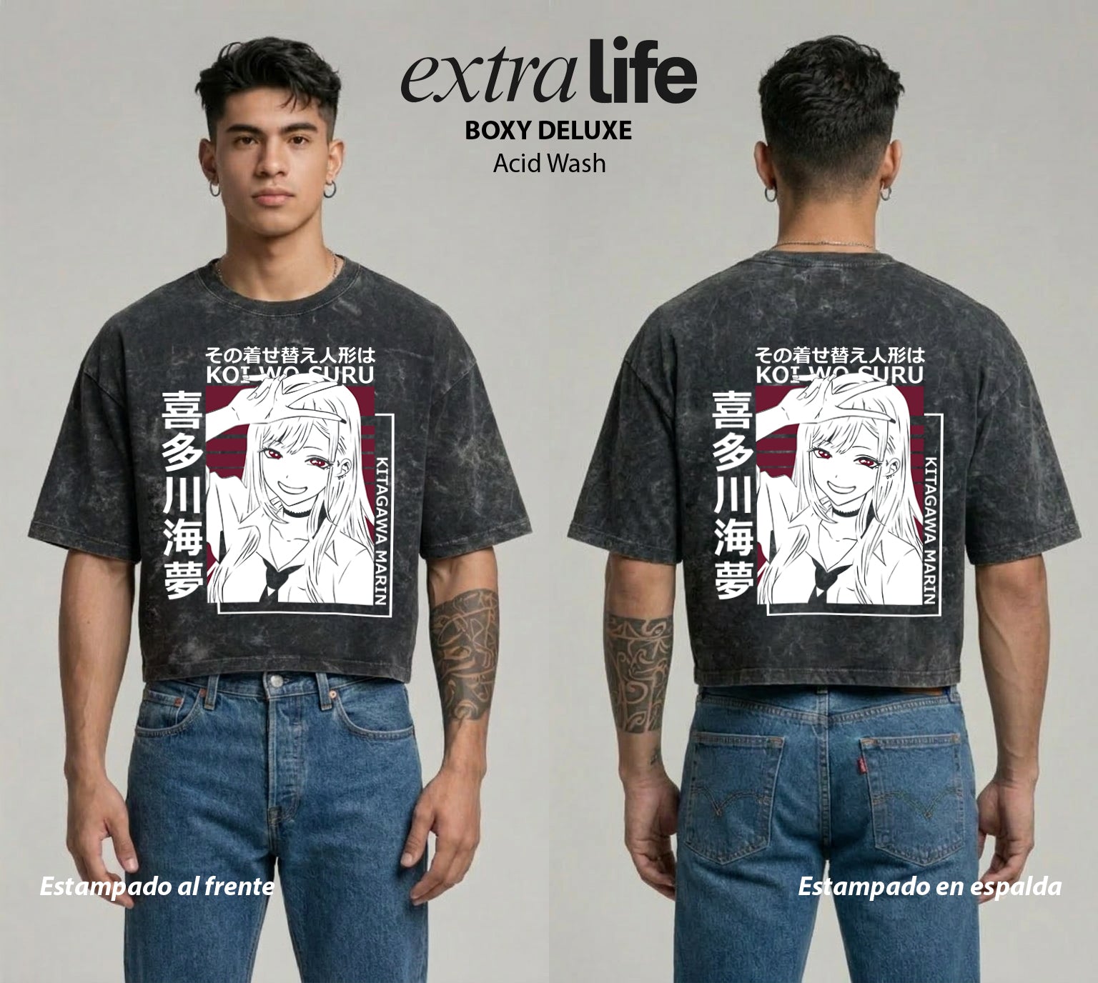 Playera streetwear premium de anime y gaming ExtraLife MX, corte boxy deluxe mineral wash heavyweight en color Acid Wash, moda urbana mexicana de culto.
