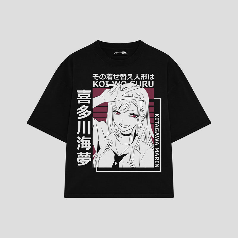 Playera streetwear premium de anime y gaming ExtraLife MX, corte boxy oversized drop shoulder heavyweight en color Deep Black y Off-White, moda urbana mexicana de culto.