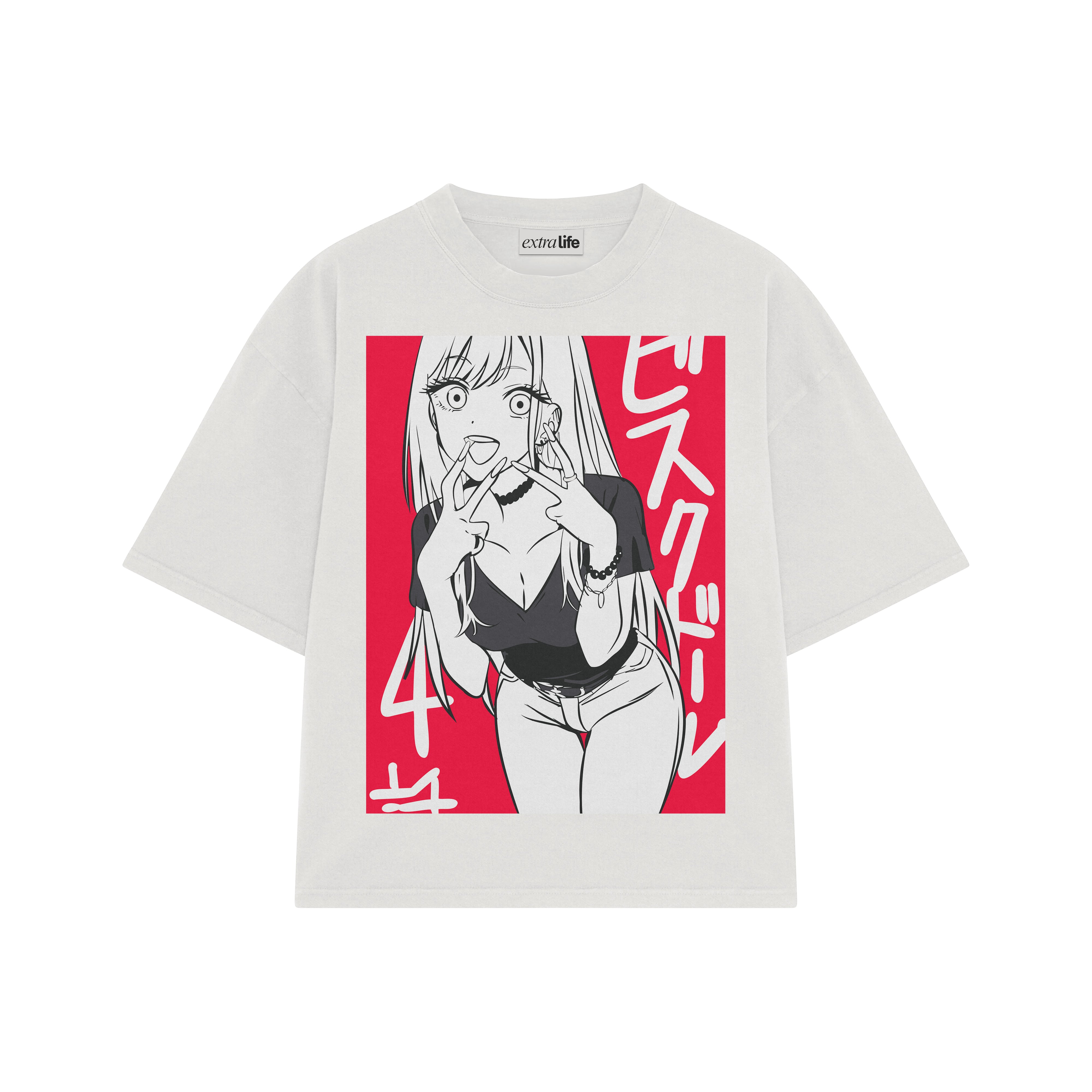 Playera streetwear premium de anime y gaming ExtraLife MX, corte boxy oversized drop shoulder heavyweight en color Deep Black y Off-White, moda urbana mexicana de culto.