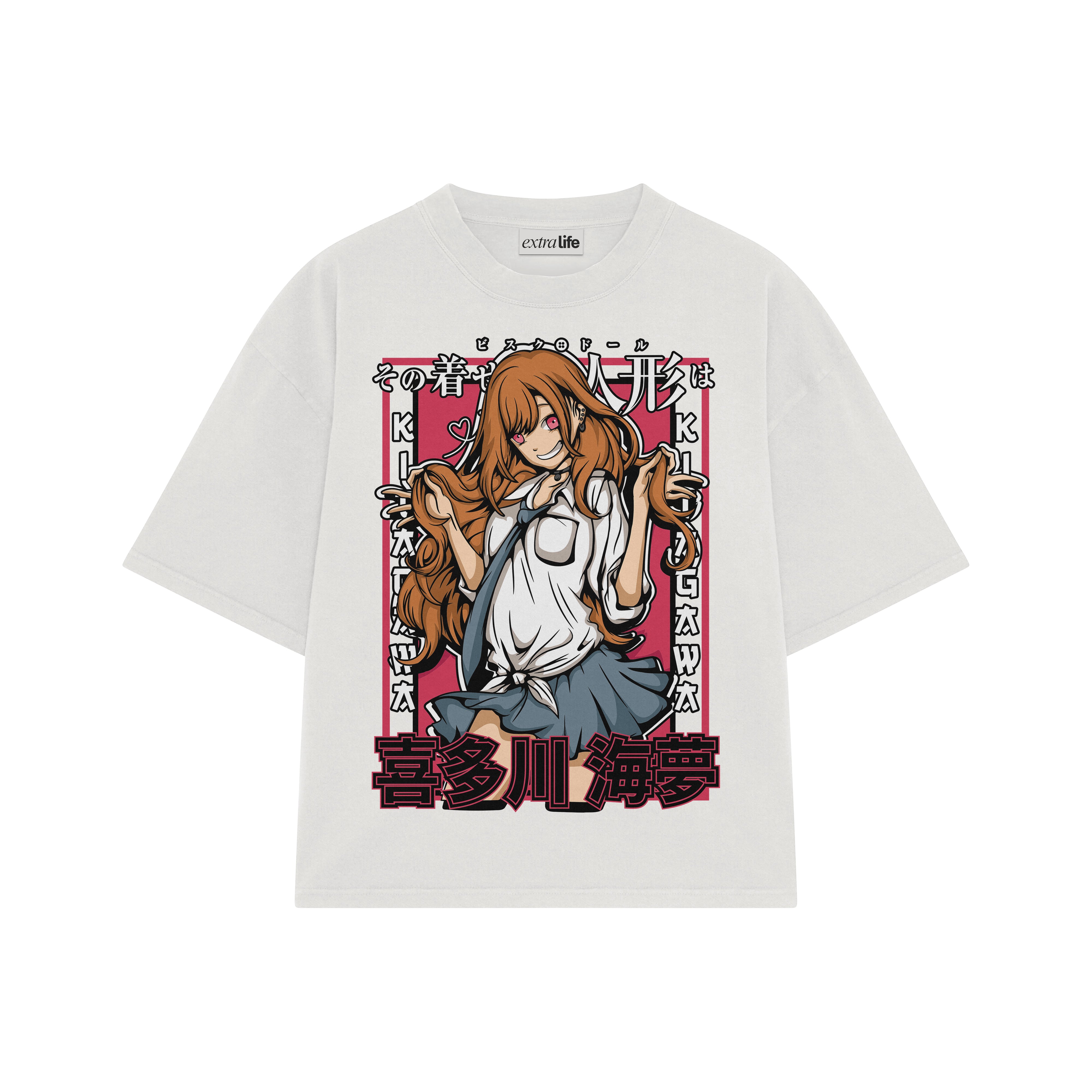 Playera streetwear premium de anime y gaming ExtraLife MX, corte boxy oversized drop shoulder heavyweight en color Deep Black y Off-White, moda urbana mexicana de culto.