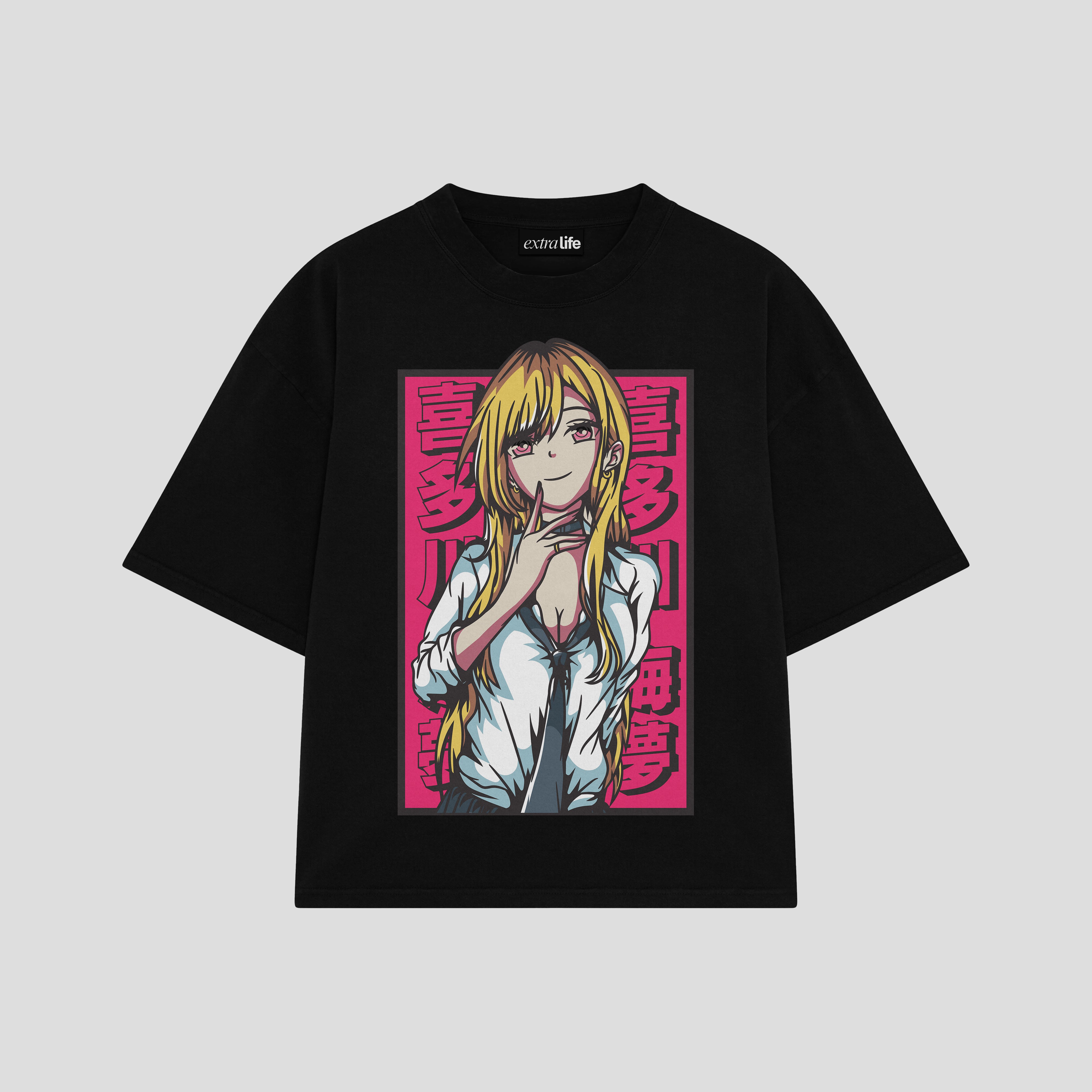 Playera streetwear premium de anime y gaming ExtraLife MX, corte boxy oversized drop shoulder heavyweight en color Deep Black y Off-White, moda urbana mexicana de culto.