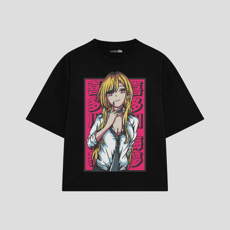 Playera streetwear premium de anime y gaming ExtraLife MX, corte boxy oversized drop shoulder heavyweight en color Deep Black y Off-White, moda urbana mexicana de culto.