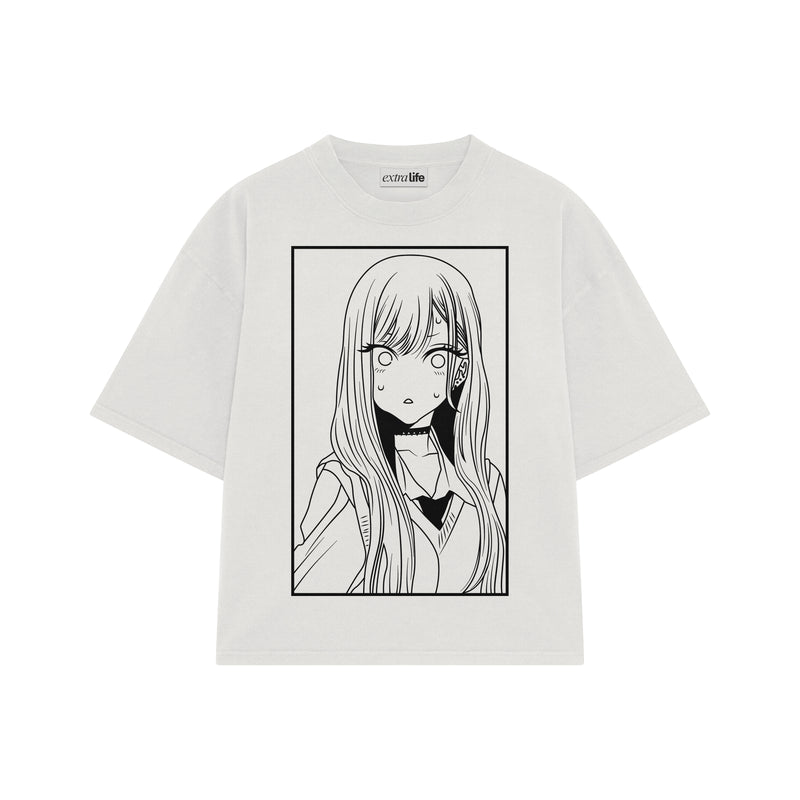 Playera streetwear premium de anime y gaming ExtraLife MX, corte boxy oversized drop shoulder heavyweight en color Deep Black y Off-White, moda urbana mexicana de culto.