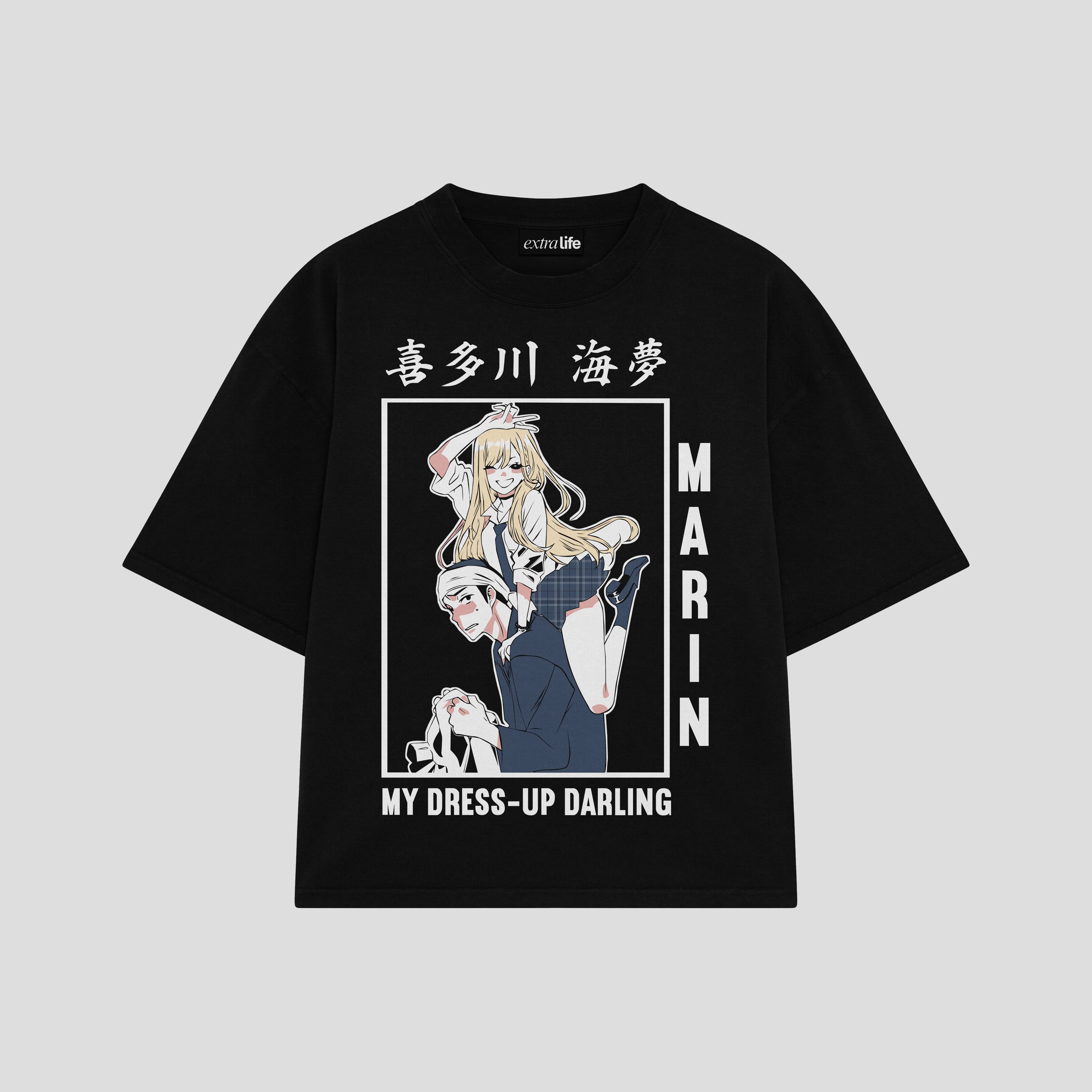 Playera streetwear premium de anime y gaming ExtraLife MX, corte boxy oversized drop shoulder heavyweight en color Deep Black y Off-White, moda urbana mexicana de culto.